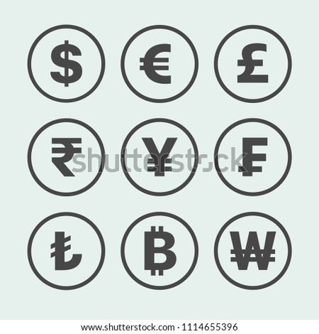 Currency exchange sign icons. Dollar, euro, pound sterling, rupee, yen, franc, lira, bitcoin, won symbols in circles. Flat design. Vector.