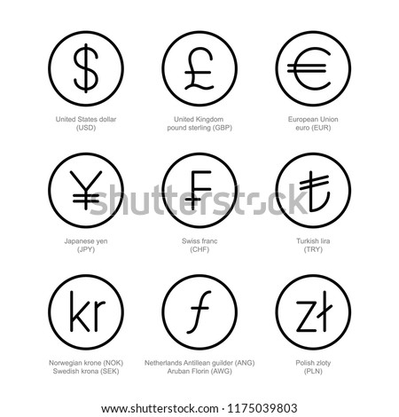 Currency exchange icons. Money line signs. US dollar, UK pound sterling, euro, japanese yen, swiss franc, turkish lira, norwegian krone, swedish krona, florin, polish zloty in circles. Outline logo.