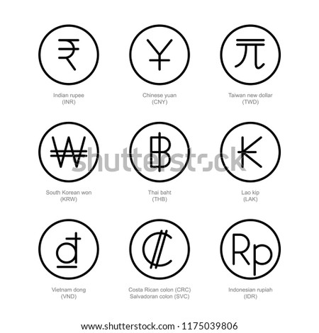 Currency exchange icons. Money line signs. Indian rupee, chinese yuan, taiwan new dollar, south korean won, thai baht, lao kip, vietnam dong, costa rican salvadoran colon, indonesian rupiah.