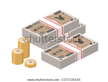 Isometric stacks of 10000 Japanese Yen banknotes and coins. Japan paper money. Ten thousand bills. Big pile of cash. Currency notes. Flat style vector illustration.
