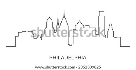 One single line drawing of Philadelphia city skyline, USA. Historical town landscape. Trendy Philly buildings panoram design with a continuous line. Vector illustration.