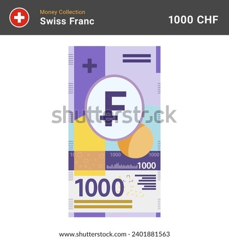 Swiss 1000 francs banknote vector illustration. Paper money of one thousand bills. The official currency of Switzerland CHF. Flat style. Simple minimal design.