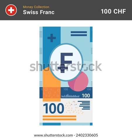 Swiss 100 francs banknote vector illustration. Paper money of one hundred bills. The official currency of Switzerland CHF. Flat style. Simple minimal design.