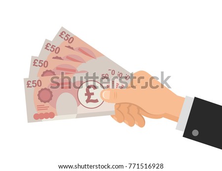 Hand holds money UK Pounds 50 banknotes. Business concept. Isolated on white background. Flat Style. Vector illustration.