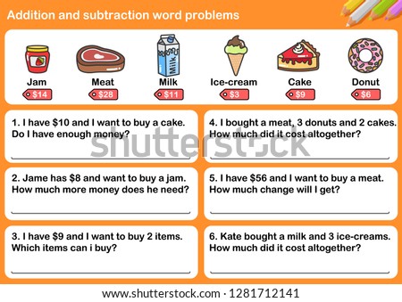 At the supermarket, Addition and Subtraction word problems - Worksheet for education.