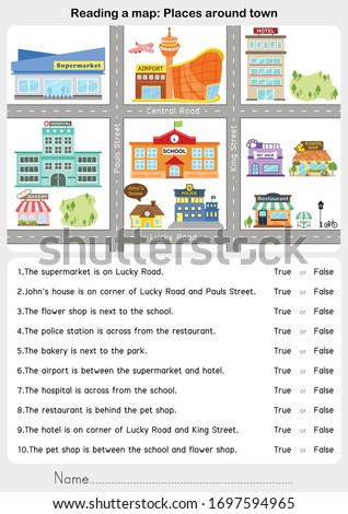 Reading a map: Places around town - Giving direction - Worksheet for education.
