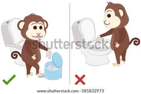 Monkey feel good and bad practice in use toilet.