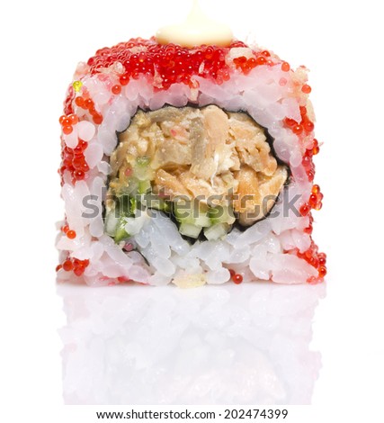 One peace of sushi roll isolated on white background