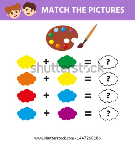 Game for childrens. Kids activity sheet with cute cloud character. Printable drawing worksheet. What color will you get if you mix colors?