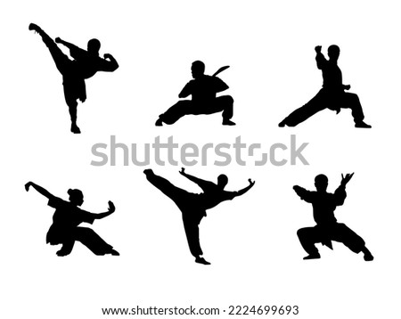 Wushu, kung fu, Taekwondo. Silhouette of people isolated on white background. Clipart, icon, pictogram. Fighting stance. Vector illustration. Set