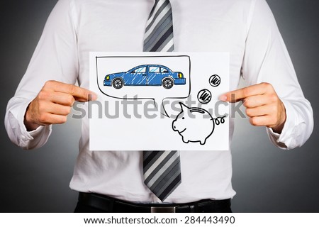 Leasing car concept. Businessman holding paper with drawing of a car and piggy bank.