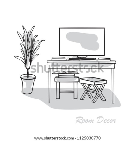  Interior design illustration sketch flat. Modern elements living room trendy style. Home house decoration. Table TV unit chair stool books magazines plant vase. Drawing vector hand drawn lines art 