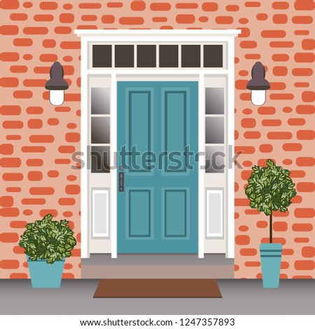 House door front with doorstep and steps, window, lamps, flowers, entry facade building, exterior entrance design illustration vector in flat style