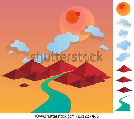 Geometric illustration landscape of river between hills - colourful with used elements set like cloud, sun, hills and river - EPS
