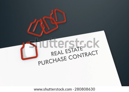 Real estate contract document template with red paper clip on dark desk background - illustration clipping path