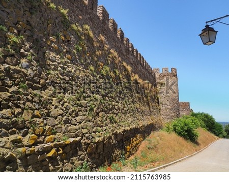 Remains of ancient castle or Castelo de Montemor-o-Novo and stone masonry wall ruins next to Porta da Vila known as Village Door or Porta Nova, close up. Foto stock © 