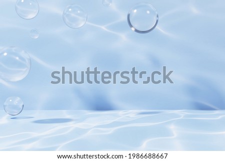 3d render of glass bubbles frame in a blue swimming pool like setting with light glares