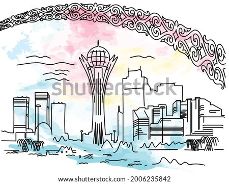 Vector image of the Capital of the Republic of Kazakhstan, the city of Nursultan, Astana, sights and skyscrapers on the background of the sky and clouds