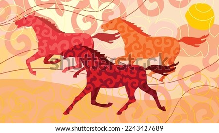 Vector image of horses running across the steppe with national ornaments