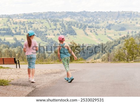 Similar – Image, Stock Photo Anonymous traveler on hill on misty day