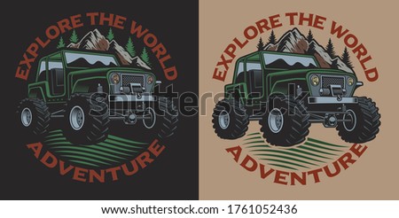 Colored vector illustration with an SUV. Perfect for shirt designs.