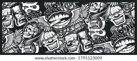 Seamless pattern on tattoo theme with a skull, mask, tattoo machine, and other elements tattoo. Ideal for printing for fabric, wall decoration, and many other uses