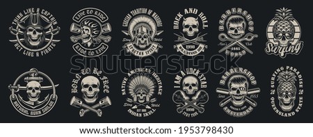 Set of vector illustrations of skulls on the themes: biker, pirate, warrior, barbershop, rock roll, surfing. Perfect for T shirt design and many other uses