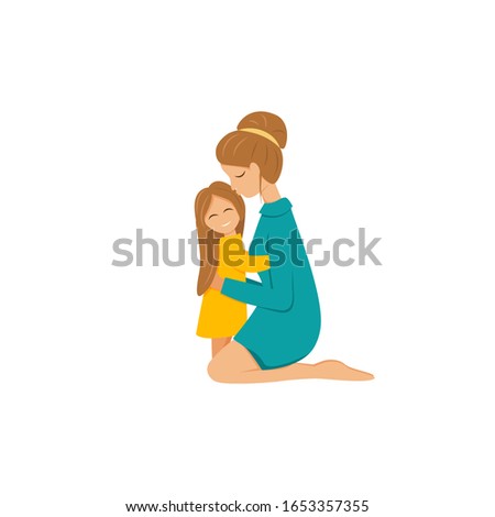 Vector illustration of mother cuddling daughter isolated. Flat characters of parent and child. Mom is sitting on knees and hugging little girl. Cute concept design of mother's love and happy family Foto stock © 