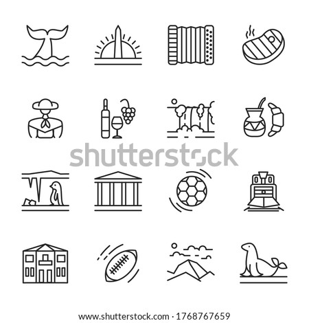Vector icons set of Argentina in linear style. Collection of national symbols of travel items for web. Outline bundle of famous places, traditional food and argentine culture isolated. South America
