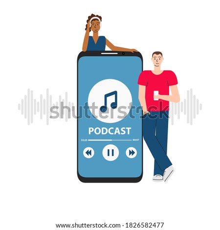 Vector illustration of people listening to podcast in phone. Youth studying online in coronavirus period. Flat concept of internet digital recording, broadcasting, training and elearning isolated