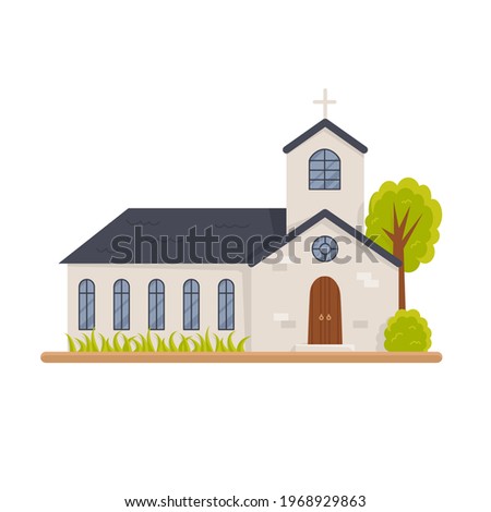 Christian church building isolated on white. Municipal public religious architecture silhouette. Modern stylish monastery, front view. Holy traditional symbol. Vector cartoon flat illustration