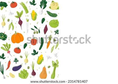Vegetables left side design concept. Rectangle background with copy space. Geometric composition for farmers market banner. Local eco organic veggies. Agricultural hand drawn flat vector illustration