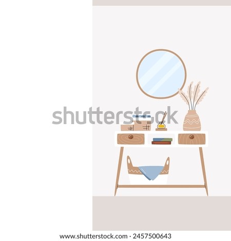 House entrance in minimalist mid-century style. Social media post design with copy space on the left. Banner template residential domestic scene. Home interior hand drawn flat vector illustration