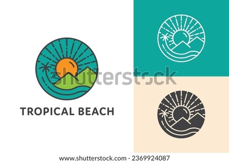 line art tropical beach emblem logo design with a palm tree mountain sun sea ocean and island