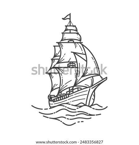 Line art illustration of sailing ship at sea isolated white background