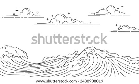 Line art illustration of a sky filled with clouds and waves in the ocean. The waves are high and the water is choppy