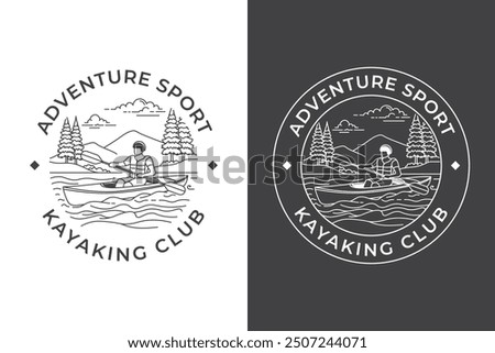 A circular logo design for a kayaking club, featuring a kayaker paddling on a river with a mountain and forest scene in the background.