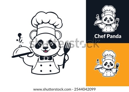 A cartoon panda wearing a chef's hat and apron, holding a serving dish and a fork, with steam coming off the dish.