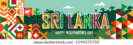 Sri lanka national day banner for independence day of srilanka. Abstract geometric banner for the national day of sri lanka in shapes of srilankan theme colorful icons and nature landscape. 