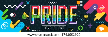 Pride day banner with modern retro abstract background design. Colorful Rainbow LGBT rights campaign. Happy Pride day. Love is love. Lesbians, gays, bisexuals, transgenders, queer.