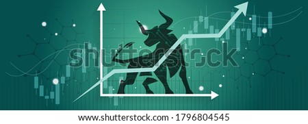 Bull run or bullish market trend in crypto currency or stocks. Trade exchange background, up arrow graph for increase in rates. Cryptocurrency price chart & blockchain technology. Global economy boom.