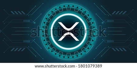 Ripple XRP coin symbol with crypto currency themed background design. Modern neon color banner for Ripple or XRP icon. Blockchain technology, digital banking or finance trade exchange concept.