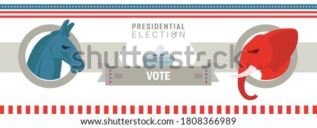 Presidential US Election Banner for year 2020. American Election campaign between democrats and republicans. Political parties. Elephant & donkey. USA flag theme. Vote America. Ballot box.