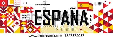 Spain national day banner for España , Espana or Espania with abstract retro modern geometric design. Flag of spain with typography & red yellow color theme. Barcelona & Madrid skyline in background.