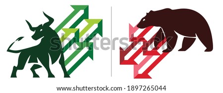 Bull or bullish run; Bear or bearish market trend in crypto currency or stocks. Trade exchange, green up or red down arrows graph. Cryptocurrency price chart. Global economy crash or boom. Vector Foto stock © 