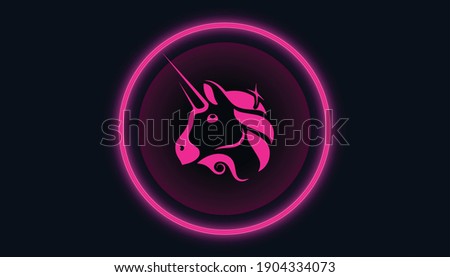 Uniswap UNI token coin symbol with crypto currency themed background design. Modern pink neon color banner for Unicorn Uniswap logo icon. Blockchain technology, decentralized exchange concept.