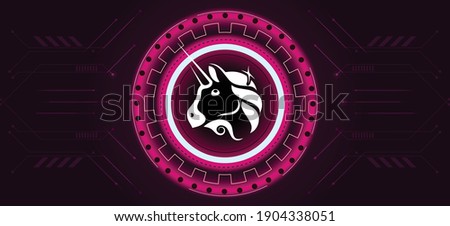 Uniswap UNI token coin logo with crypto currency themed background design. Modern bright pink neon color banner for Unicorn Uniswap icon. Blockchain technology, decentralized exchange concept.