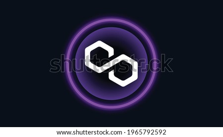 Polygon logo with crypto currency themed circle black background design. Modern purple neon color banner for Matic token icon. Polygon Cryptocurrency Ethereum Blockchain technology concept.