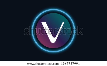 VeChain VET token logo with crypto currency themed circle black background design. Modern blue neon color banner for VET token icon. Vechain Cryptocurrency Blockchain technology concept. Stock fotó © 