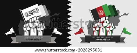 Graphics for Comparison or differences between emirate and republic groups in Afghanistan. Infographics regarding different state systems. Raised fists with map and flags of Afghanistan and Taliban. 